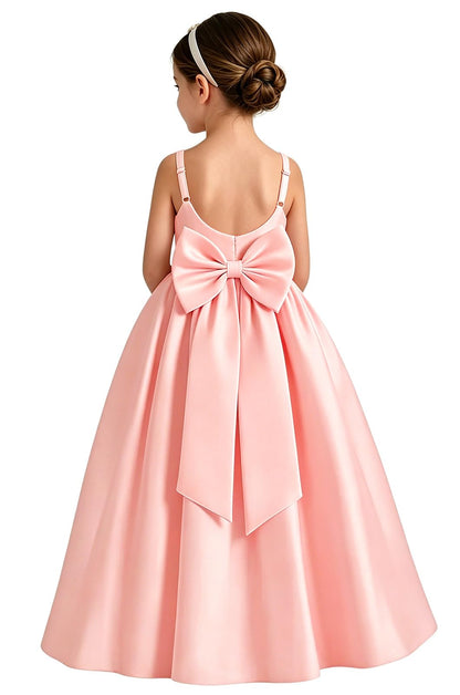 Girls White Satin Flower Girl Dress Sleeveless A-Line Ball Gown with Bow Back for Wedding and Formal Occasions