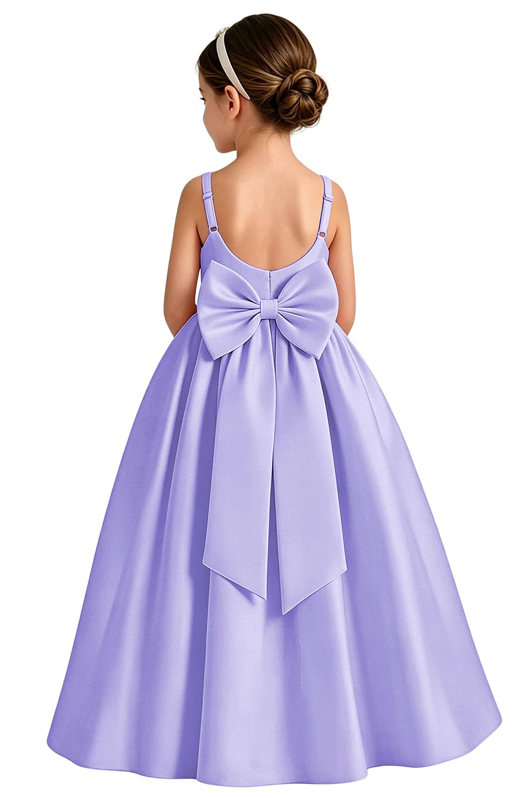 Girls White Satin Flower Girl Dress Sleeveless A-Line Ball Gown with Bow Back for Wedding and Formal Occasions