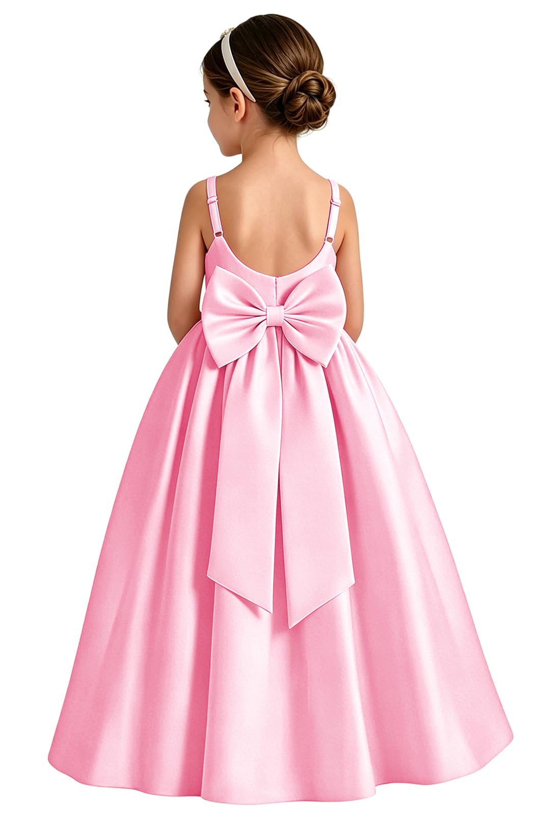 Girls White Satin Flower Girl Dress Sleeveless A-Line Ball Gown with Bow Back for Wedding and Formal Occasions