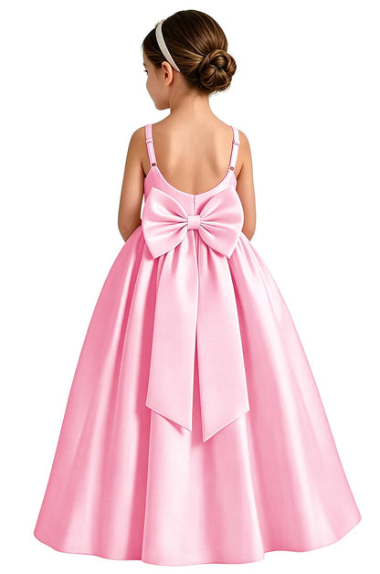 Girls White Satin Flower Girl Dress Sleeveless A-Line Ball Gown with Bow Back for Wedding and Formal Occasions