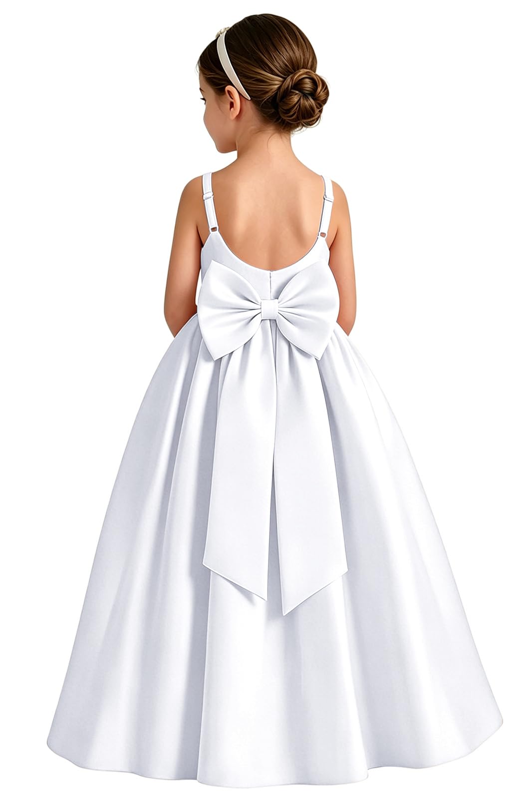 Girls White Satin Flower Girl Dress Sleeveless A-Line Ball Gown with Bow Back for Wedding and Formal Occasions