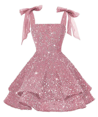 Girls Pink Sequin Flower Girl Dress with Bow Straps