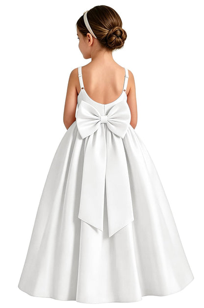 Girls White Satin Flower Girl Dress Sleeveless A-Line Ball Gown with Bow Back for Wedding and Formal Occasions