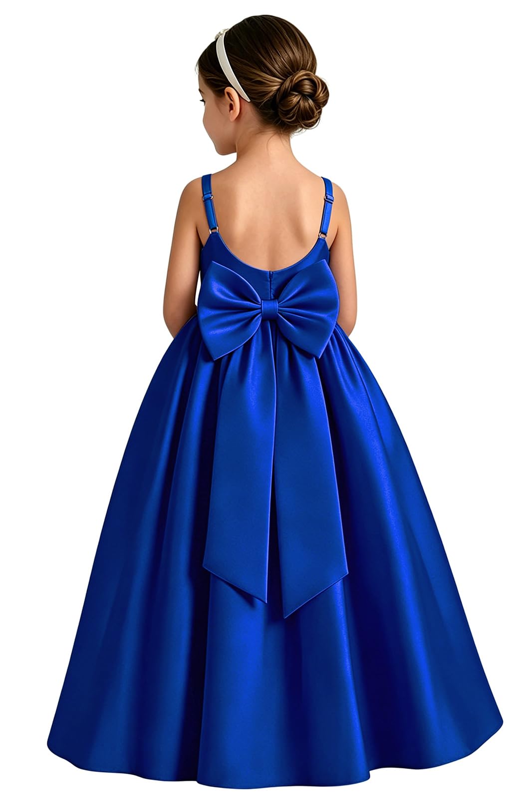 Girls White Satin Flower Girl Dress Sleeveless A-Line Ball Gown with Bow Back for Wedding and Formal Occasions