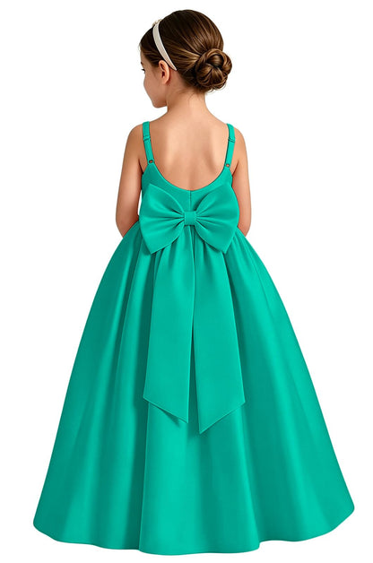 Girls White Satin Flower Girl Dress Sleeveless A-Line Ball Gown with Bow Back for Wedding and Formal Occasions