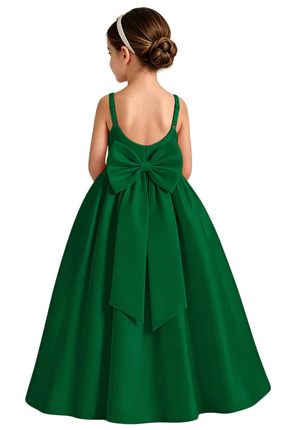 Girls White Satin Flower Girl Dress Sleeveless A-Line Ball Gown with Bow Back for Wedding and Formal Occasions