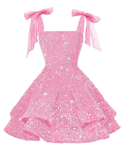 Girls Pink Sequin Flower Girl Dress with Bow Straps