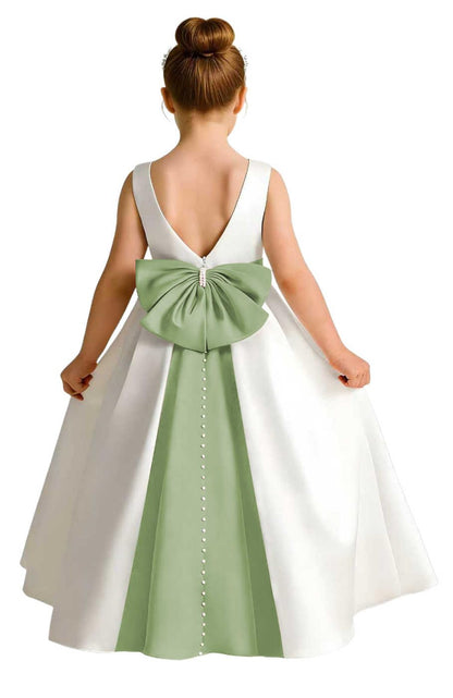 Girls Ivory Satin Flower Girl Dress Sleeveless A-Line Ball Gown with Green Sash for Wedding