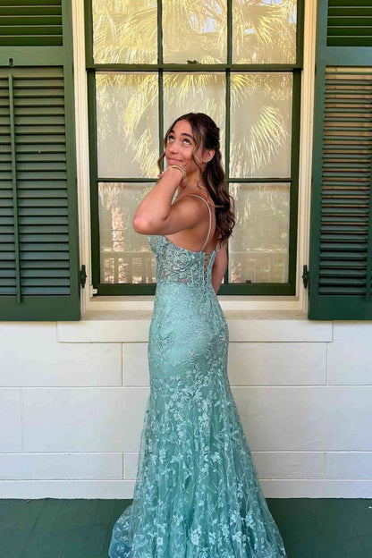 Sage Green V Neck Lace Appliques Mermaid Long Prom Dresses