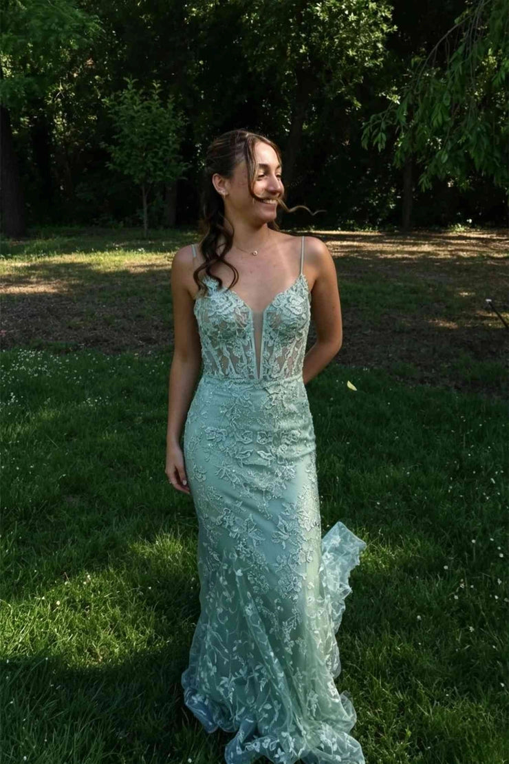Sage Green V Neck Lace Appliques Mermaid Long Prom Dresses