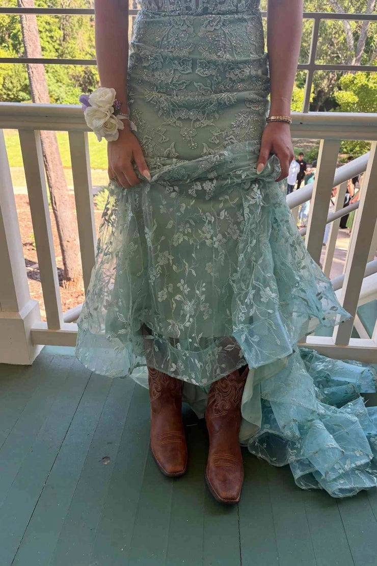 Sage Green V Neck Lace Appliques Mermaid Long Prom Dresses
