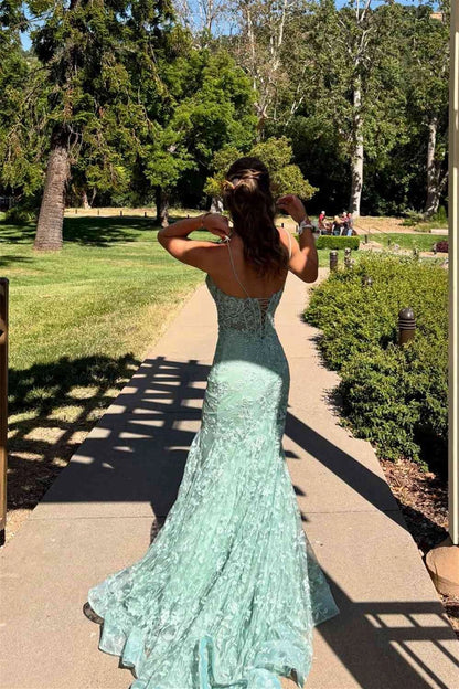 Sage Green V Neck Lace Appliques Mermaid Long Prom Dresses