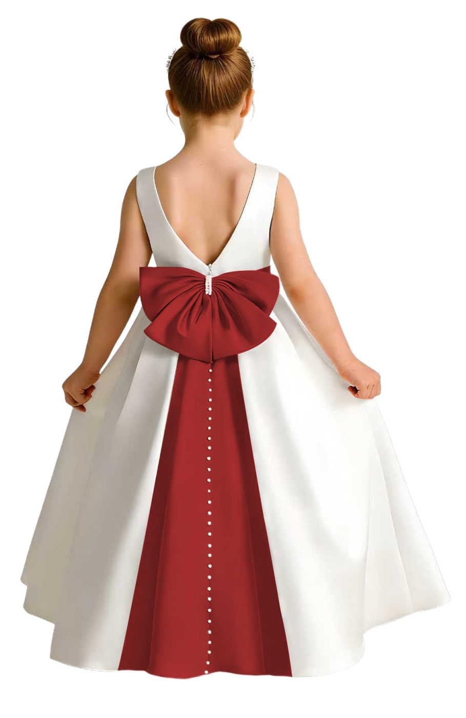 Girls Ivory Satin Flower Girl Dress Sleeveless A-Line Ball Gown with Green Sash for Wedding