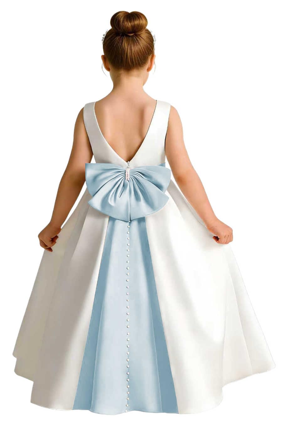 Girls Ivory Satin Flower Girl Dress Sleeveless A-Line Ball Gown with Green Sash for Wedding
