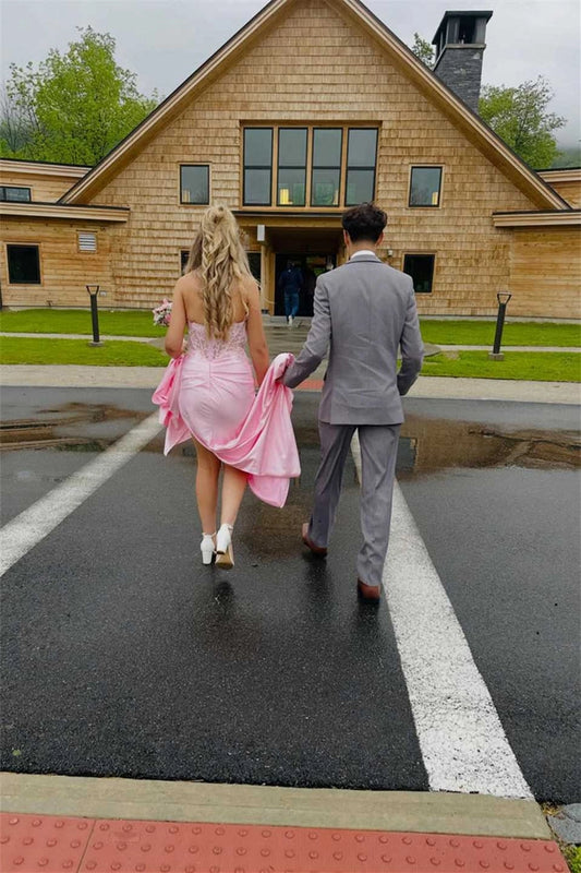 Strapless Pink Satin Long Mermaid Appliques Prom Dresses with Side Train