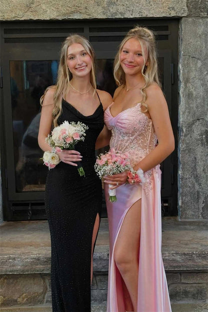Strapless Pink Satin Long Mermaid Appliques Prom Dresses with Side Train