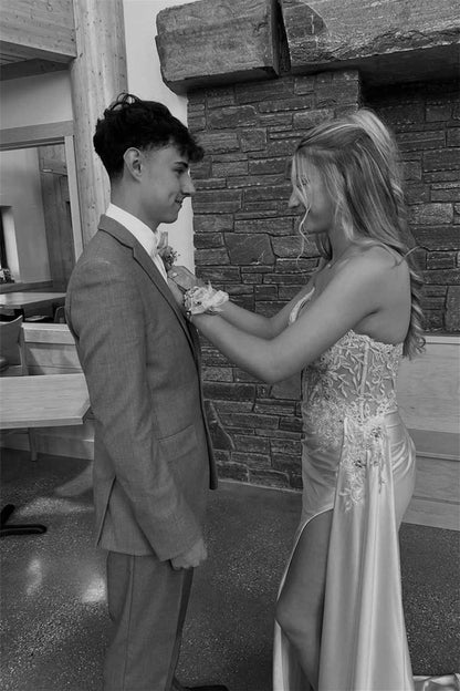 Strapless Pink Satin Long Mermaid Appliques Prom Dresses with Side Train