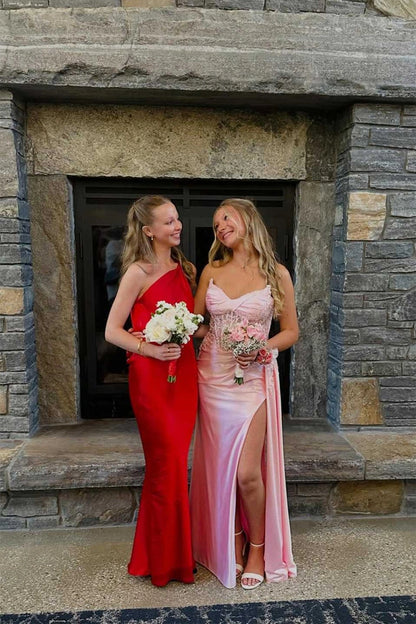 Strapless Pink Satin Long Mermaid Appliques Prom Dresses with Side Train