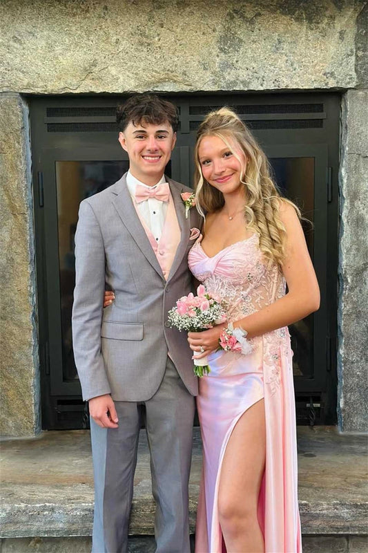 Strapless Pink Satin Long Mermaid Appliques Prom Dresses with Side Train