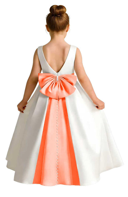 Girls Ivory Satin Flower Girl Dress Sleeveless A-Line Ball Gown with Green Sash for Wedding