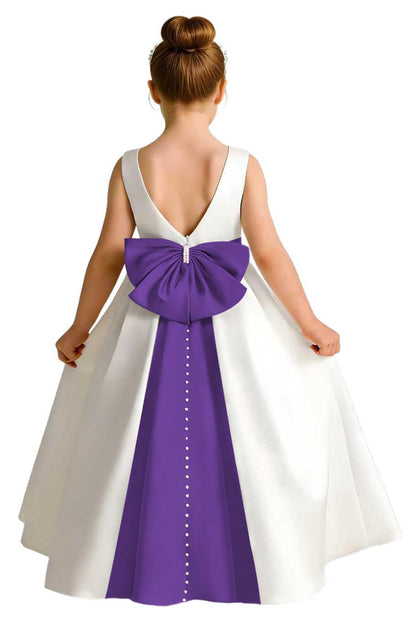 Girls Ivory Satin Flower Girl Dress Sleeveless A-Line Ball Gown with Green Sash for Wedding
