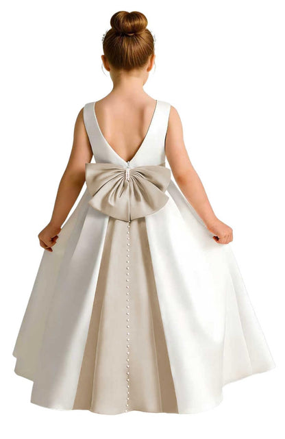 Girls Ivory Satin Flower Girl Dress Sleeveless A-Line Ball Gown with Green Sash for Wedding