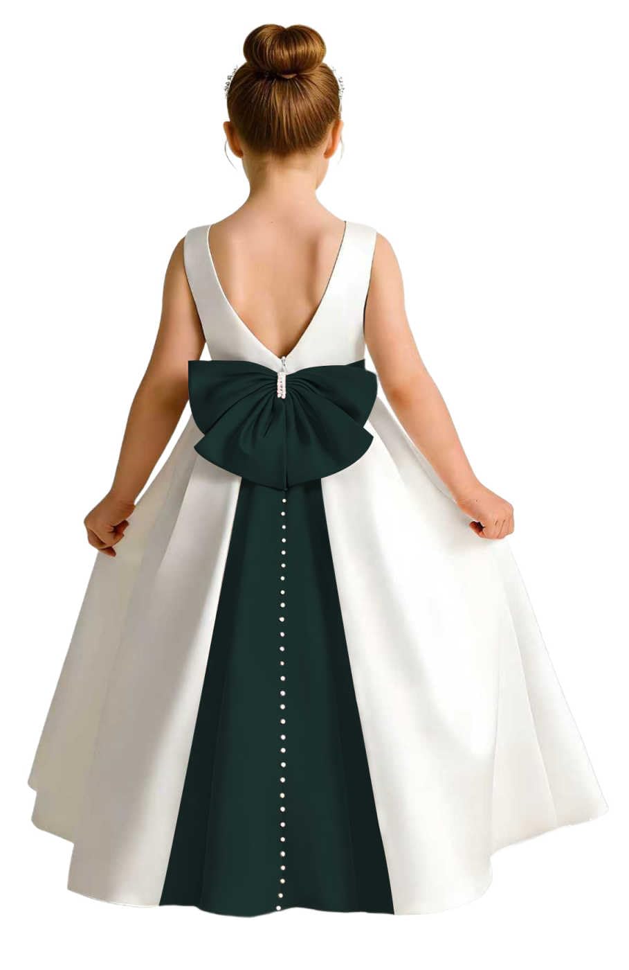 Girls Ivory Satin Flower Girl Dress Sleeveless A-Line Ball Gown with Green Sash for Wedding