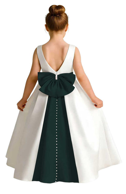 Girls Ivory Satin Flower Girl Dress Sleeveless A-Line Ball Gown with Green Sash for Wedding