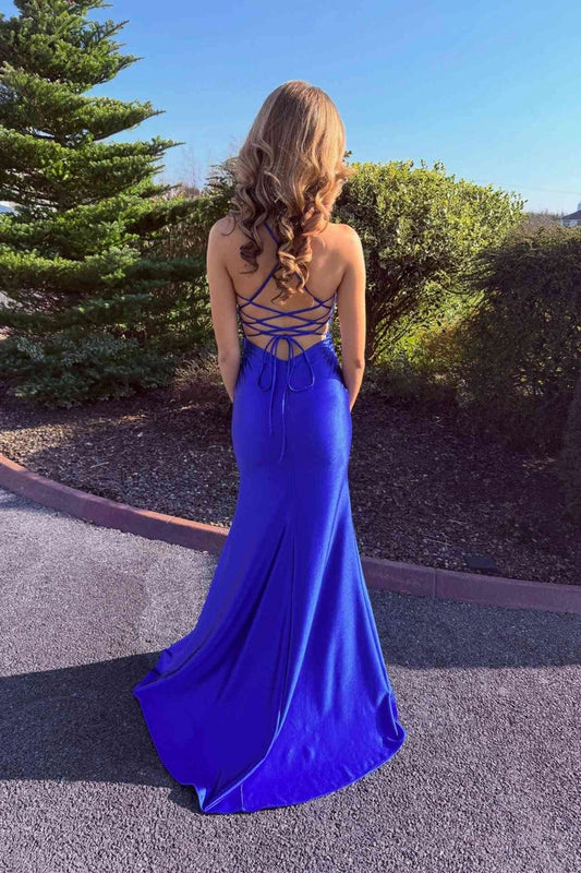 Fashion V-neck Royal Blue Appliques Mermaid Long Prom Dresses