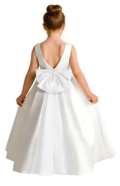 Girls Ivory Satin Flower Girl Dress Sleeveless A-Line Ball Gown with Green Sash for Wedding