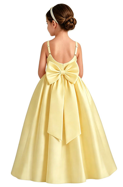 Girls White Satin Flower Girl Dress Sleeveless A-Line Ball Gown with Bow Back for Wedding and Formal Occasions