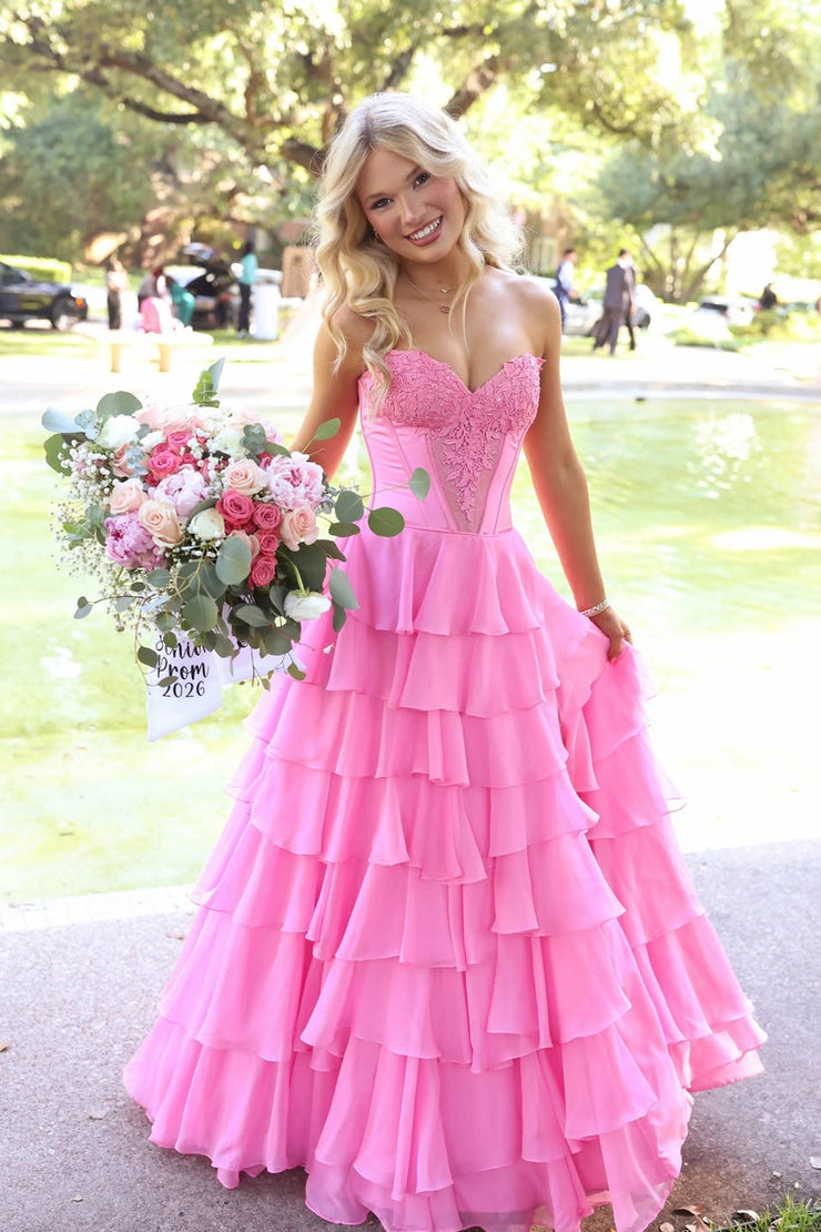 A Line Pink Chiffon Sweetheart Prom Dresses with Slit