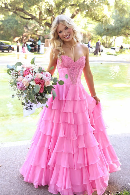 A Line Pink Chiffon Sweetheart Prom Dresses with Slit
