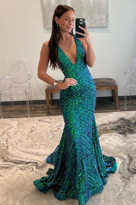 Dark Green Sequin Plunge Mermaid Long Prom Dresses,BD98025