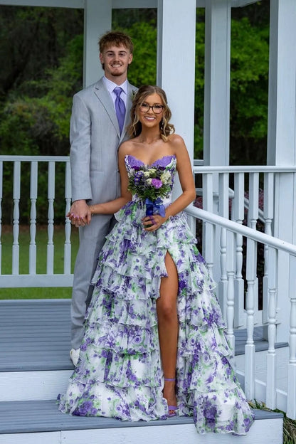 A Line Lavender Chiffon Tiered Sweetheart Prom Dresses