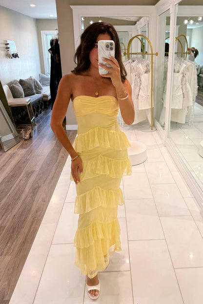 Sheath Strapless Chiffon Wedding Yellow Guest Dress Evening Dresses