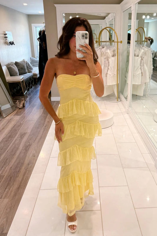 Sheath Strapless Chiffon Wedding Yellow Guest Dress Evening Dresses