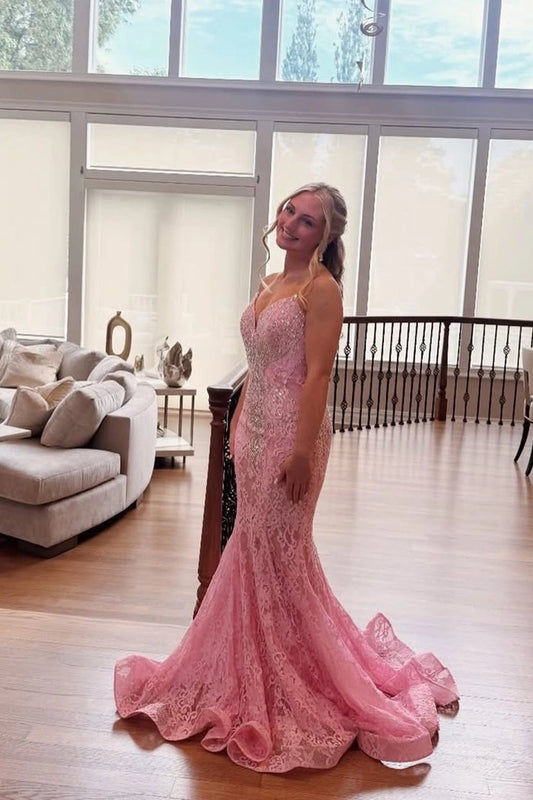 Sweetheart Pink Mermaid Lace Prom Dresses with Hot Beading