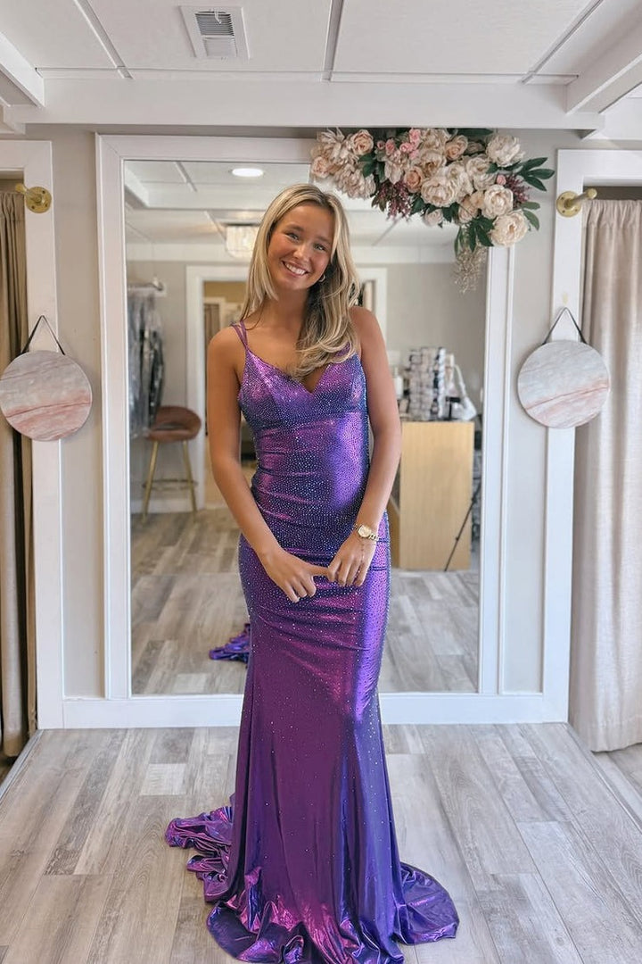 Mermaid V Neck Purple Metallic Satin Prom Dresses