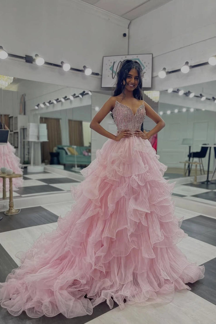 Ball Gown Light Pink Tulle V Neck Prom Dresses with Beading