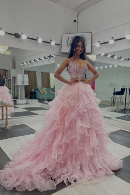 Ball Gown Light Pink Tulle V Neck Prom Dresses with Beading