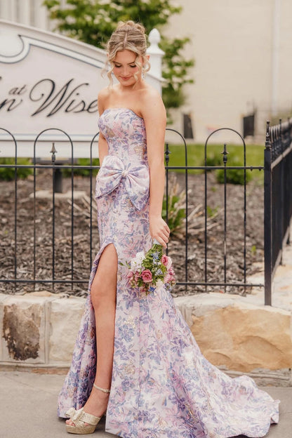 Mermaid Strapless Lavender Long Jacquard Satin Prom Dresses