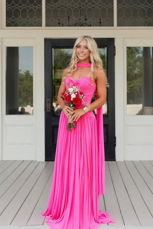 Hot Pink A Line Sweetheart Pleat Chiffon Prom Dresses