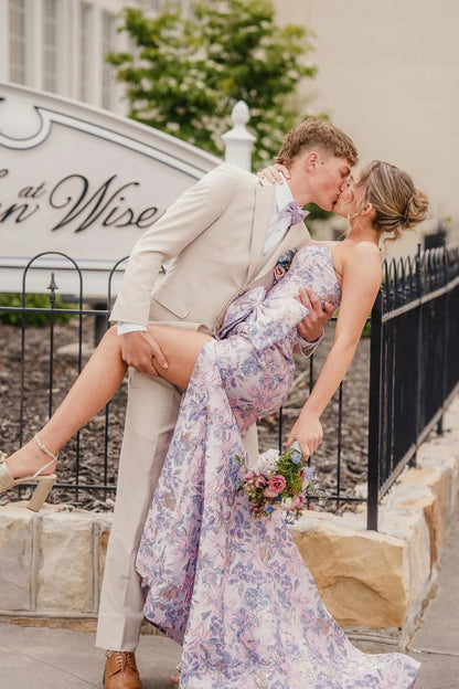Mermaid Strapless Lavender Long Jacquard Satin Prom Dresses