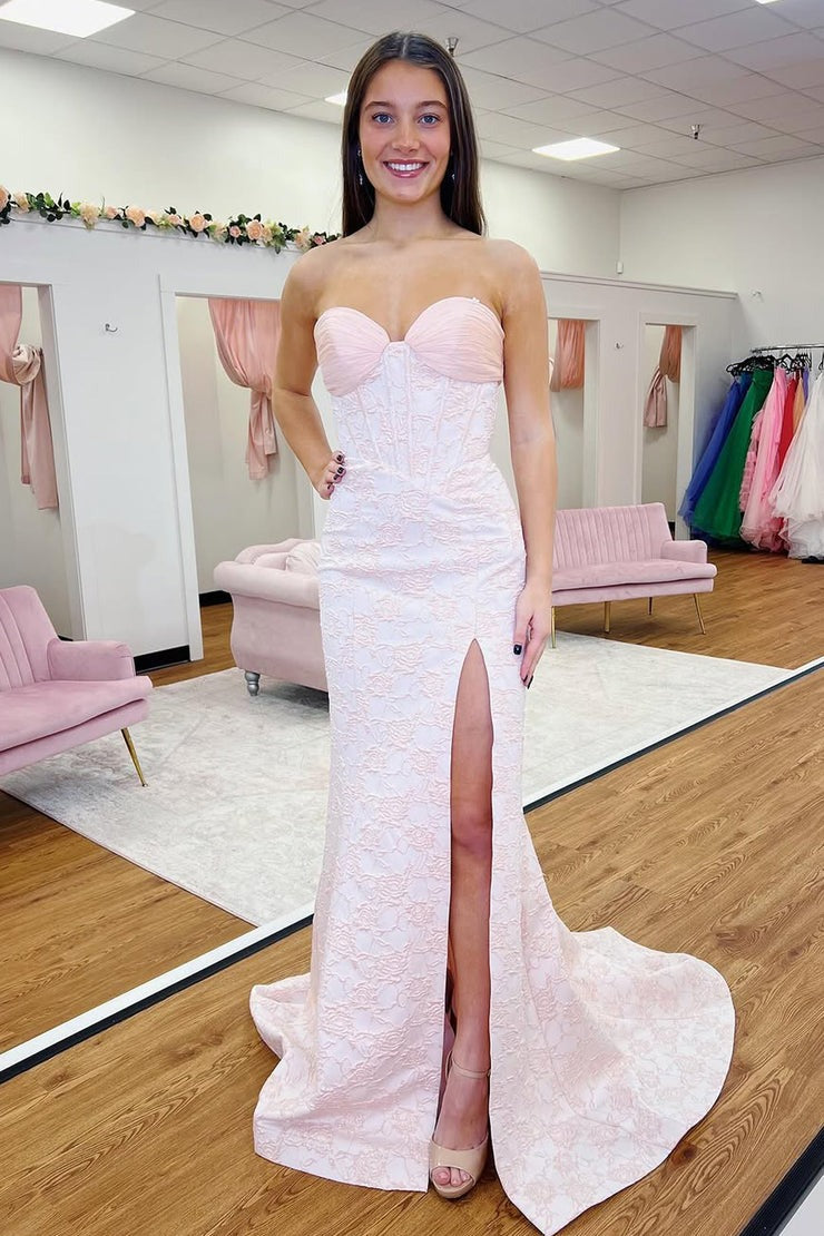 Mermaid Sweetheart Light Pink Jacquard Satin Long Prom Dresses