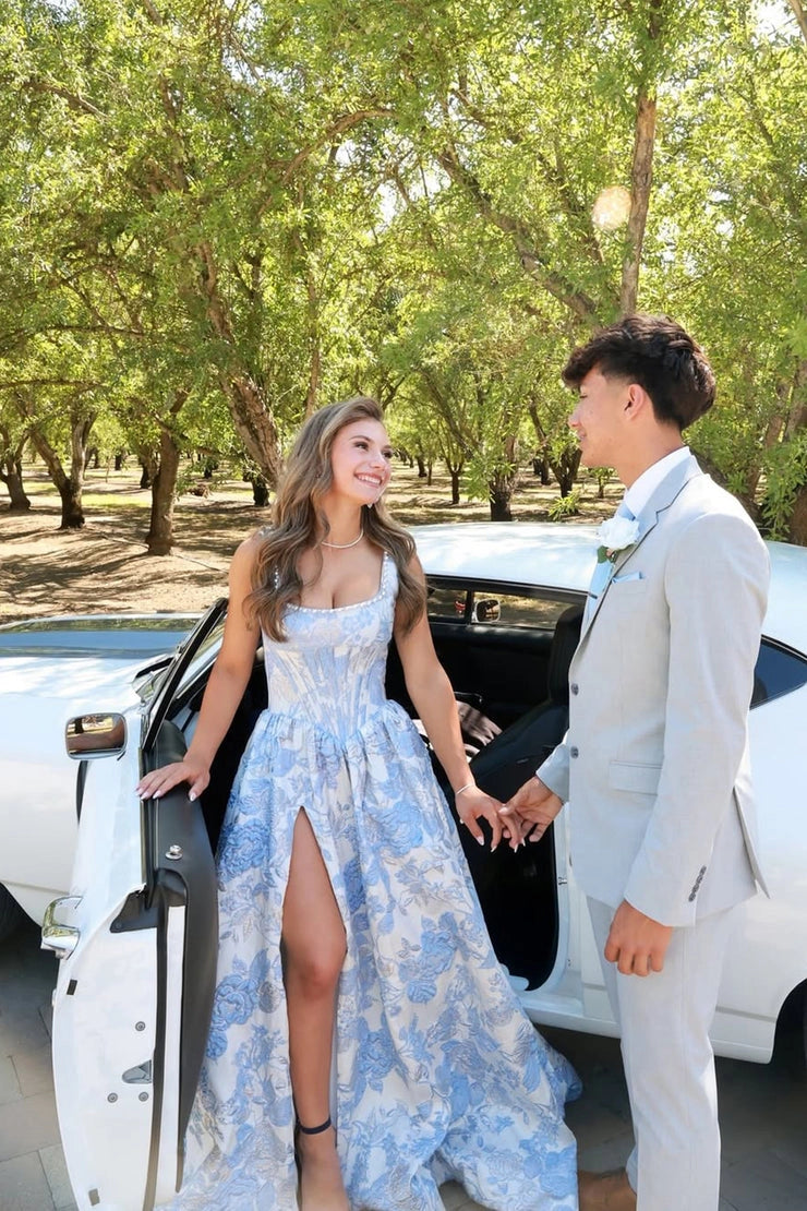 A Line Square Neck Jacquard Satin Long light blue Prom Dresses