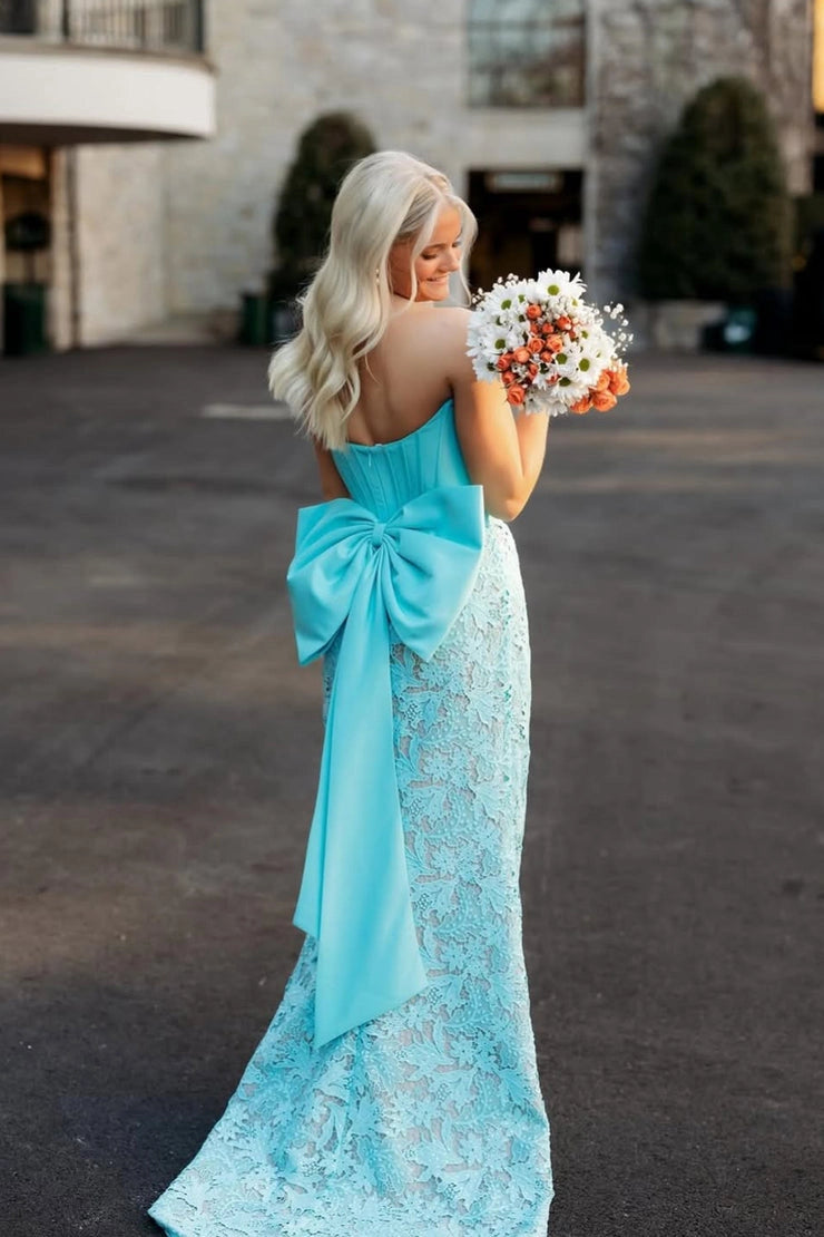 Stuinning Mermaid Strapless Aqua Lace Long Prom Dresses