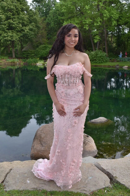 Off the Shoulder Blush Pink Lace Long Mermaid Prom Dresses