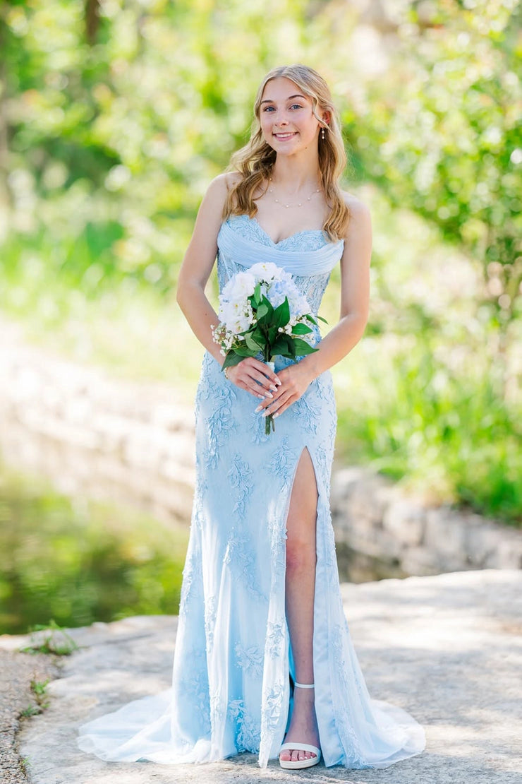 Mermaid Sweetheart Light Blue Lace Long Prom Dresses with Slit