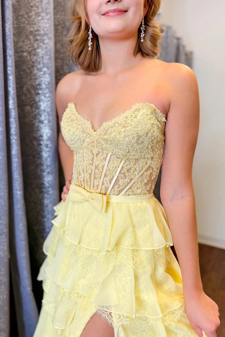 A Line Yellow Sweetheart Daffodil Chiffon Prom Dresses